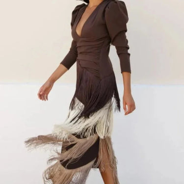 French Elegant Deep V Neck Slim Prom Dresses 2025 Spring Solid Spliced Tassel Long Dress Woman Long Sleeve New Autumn Maxi Dress 6