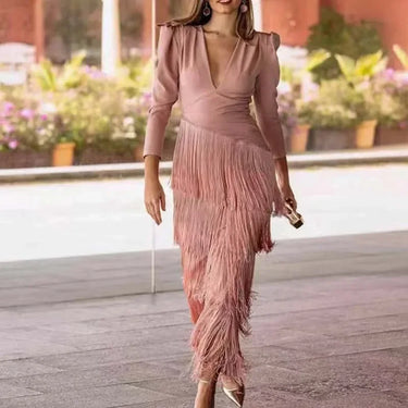 French Elegant Deep V Neck Slim Prom Dresses 2025 Spring Solid Spliced Tassel Long Dress Woman Long Sleeve New Autumn Maxi Dress 8