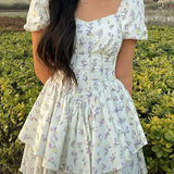 French Floral Corset Slim Mini Dress with Puff Sleeve 0
