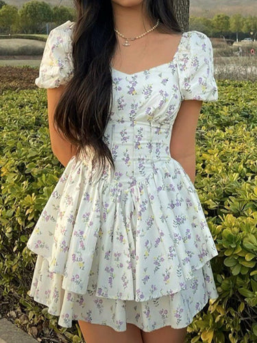 French Floral Corset Slim Mini Dress with Puff Sleeve 0