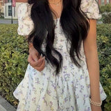 French Floral Corset Slim Mini Dress with Puff Sleeve 1