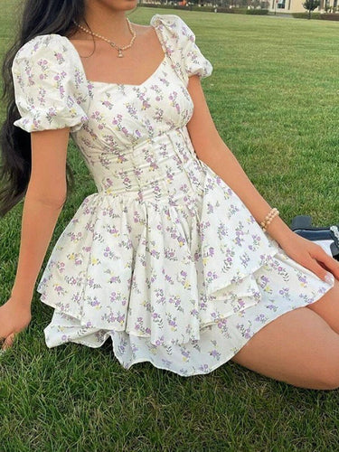 French Floral Corset Slim Mini Dress with Puff Sleeve 2