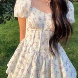 French Floral Corset Slim Mini Dress with Puff Sleeve 4