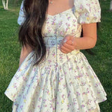 French Floral Corset Slim Mini Dress with Puff Sleeve 5
