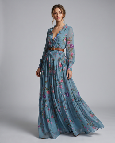 Women's Bohemian Floral Print Maxi Dress With Long Sleeves