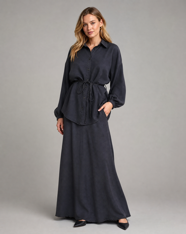 Women's Long Sleeve Tie-Front Shirt and Skirt Two-Piece Set