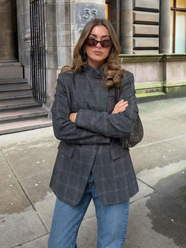 HH 2026 Plaid Blazer – Stylish Single Button Long Sleeve Jacket 2