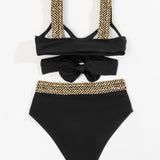 High-Waisted Bikini with Elegant Golden Cross Straps 7