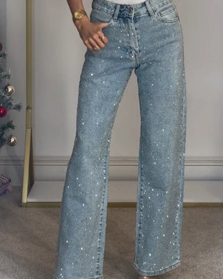 High Waisted Diamanté Straight Leg Jeans 0