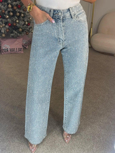High Waisted Diamanté Straight Leg Jeans 3