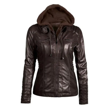 Hooded Leather Jacket for Women – Customizable Short PU Coat with Zipper Closure for Autumn/Winter 10