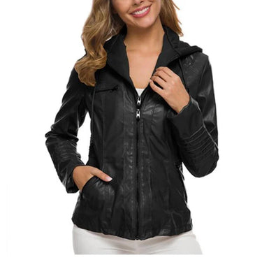 Hooded Leather Jacket for Women – Customizable Short PU Coat with Zipper Closure for Autumn/Winter 3