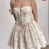 Lace Stitching Print Waist Tie Dress 2025 Fashion Summer Sleeveless Suspender Dresses Women Casual Seaside Holiday Mini Dress 1