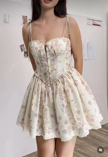 Lace Stitching Print Waist Tie Dress 2025 Fashion Summer Sleeveless Suspender Dresses Women Casual Seaside Holiday Mini Dress 1