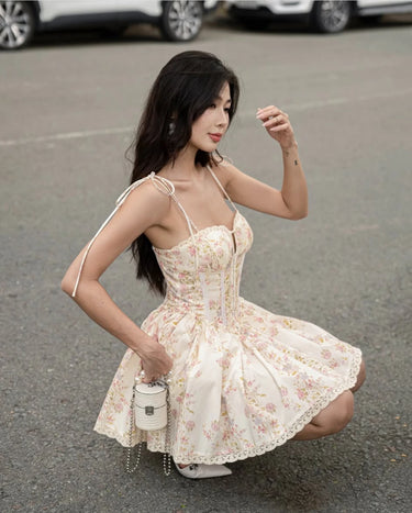 Lace Stitching Print Waist Tie Dress 2025 Fashion Summer Sleeveless Suspender Dresses Women Casual Seaside Holiday Mini Dress 2