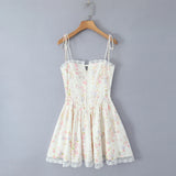 Lace Stitching Print Waist Tie Dress 2025 Fashion Summer Sleeveless Suspender Dresses Women Casual Seaside Holiday Mini Dress 4