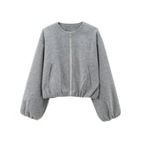 Ladies Fashion Autumn Winter Jacket Women Retro Round Neck Long Sleeve Elastic Hem Zipper Soft Bomber Jacket Women Coat Female 11