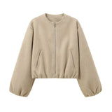 Ladies Fashion Autumn Winter Jacket Women Retro Round Neck Long Sleeve Elastic Hem Zipper Soft Bomber Jacket Women Coat Female 6