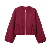 Ladies Fashion Autumn Winter Jacket Women Retro Round Neck Long Sleeve Elastic Hem Zipper Soft Bomber Jacket Women Coat Female 7