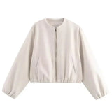 Ladies Fashion Autumn Winter Jacket Women Retro Round Neck Long Sleeve Elastic Hem Zipper Soft Bomber Jacket Women Coat Female 8