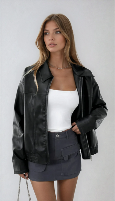 Women's Casual Black Faux Leather Jacket