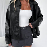 Ladies' autumn and winter casual black zipper loose PU jacket jacket 0