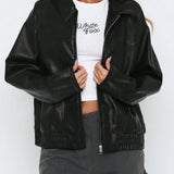 Ladies' autumn and winter casual black zipper loose PU jacket jacket 2