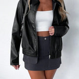 Ladies' autumn and winter casual black zipper loose PU jacket jacket 3