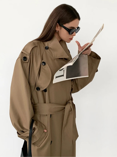 Lautaro Spring Autumn Oversized Khaki Long Grey Trench Coat for Women Double Breasted Loose Casual Korean Fashion Overcoat 2024 0