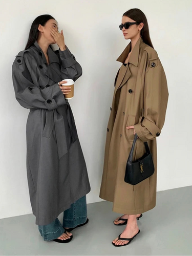 Lautaro Spring Autumn Oversized Khaki Long Grey Trench Coat for Women Double Breasted Loose Casual Korean Fashion Overcoat 2024 1