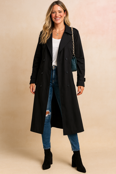 Lena Black Trench Coat Women – Chic Double-Breasted Design for Everyday Elegance 5