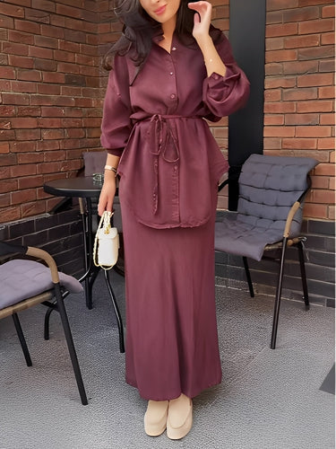 Lisa™ | Long-sleeved Tie-Drawstring Shirt and Skirt Set 1