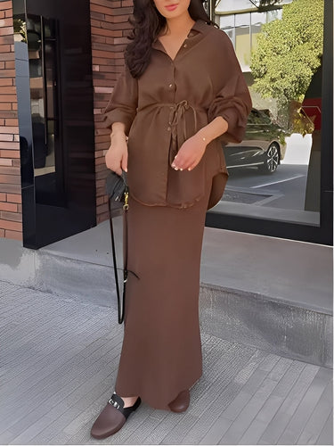 Lisa™ | Long-sleeved Tie-Drawstring Shirt and Skirt Set 2