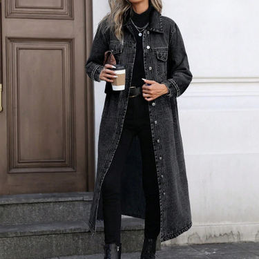 Long Denim Jacket with Relaxed Button-Front Fit 2