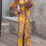 Luxurious evening dress with pleats and off-the-shoulder for summer – yellow and purple print and glitter details 0