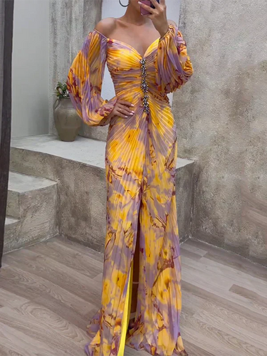 Luxurious evening dress with pleats and off-the-shoulder for summer – yellow and purple print and glitter details 0