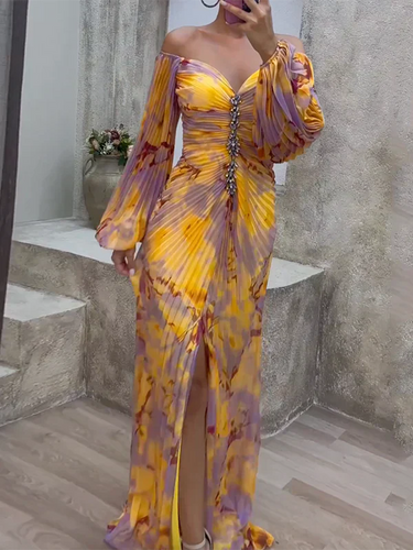 Luxurious evening dress with pleats and off-the-shoulder for summer – yellow and purple print and glitter details 1