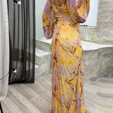 Luxurious evening dress with pleats and off-the-shoulder for summer – yellow and purple print and glitter details 2