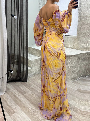 Luxurious evening dress with pleats and off-the-shoulder for summer – yellow and purple print and glitter details 2