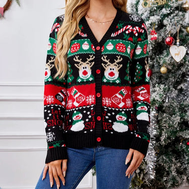 Merry Xmas Holiday Look Women's Knitted Sweater Cartoon Print Full Sleeve Christmas Cardigans Knitwear Warm Soft Jacket Coat Top 0