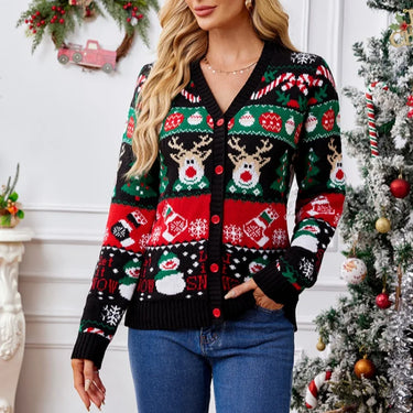 Merry Xmas Holiday Look Women's Knitted Sweater Cartoon Print Full Sleeve Christmas Cardigans Knitwear Warm Soft Jacket Coat Top 1