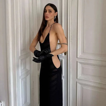 Mesh See Through Sexy Halter Party Club Maxi Split Dress Outfits Women Summer Sleeveless Backless Bodycon Long Dresses Vestido 1