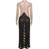 Mesh See Through Sexy Halter Party Club Maxi Split Dress Outfits Women Summer Sleeveless Backless Bodycon Long Dresses Vestido 5