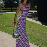 Mozision Striped Halter Print Sexy Maxi Dress For Women Off-shoulder Sleeveless Backless Lace-up Patchwork Fashion Holiday Dress 2