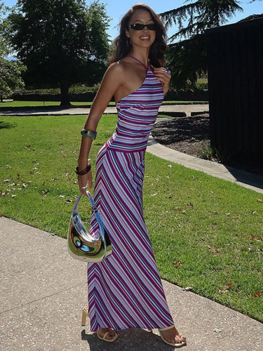 Mozision Striped Halter Print Sexy Maxi Dress For Women Off-shoulder Sleeveless Backless Lace-up Patchwork Fashion Holiday Dress 2