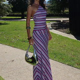 Mozision Striped Halter Print Sexy Maxi Dress For Women Off-shoulder Sleeveless Backless Lace-up Patchwork Fashion Holiday Dress 3