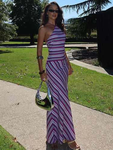 Mozision Striped Halter Print Sexy Maxi Dress For Women Off-shoulder Sleeveless Backless Lace-up Patchwork Fashion Holiday Dress 3