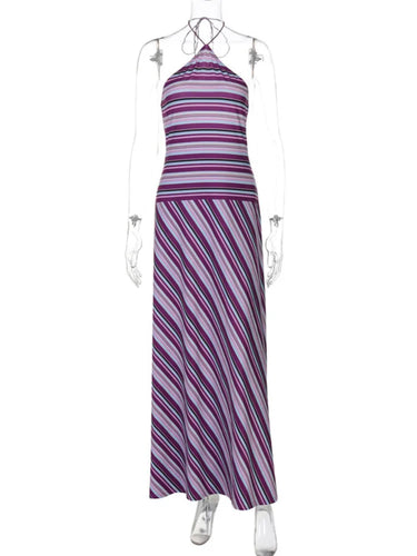 Mozision Striped Halter Print Sexy Maxi Dress For Women Off-shoulder Sleeveless Backless Lace-up Patchwork Fashion Holiday Dress 5