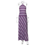 Mozision Striped Halter Print Sexy Maxi Dress For Women Off-shoulder Sleeveless Backless Lace-up Patchwork Fashion Holiday Dress 6