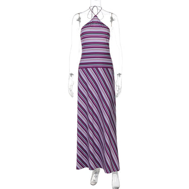 Mozision Striped Halter Print Sexy Maxi Dress For Women Off-shoulder Sleeveless Backless Lace-up Patchwork Fashion Holiday Dress 6
